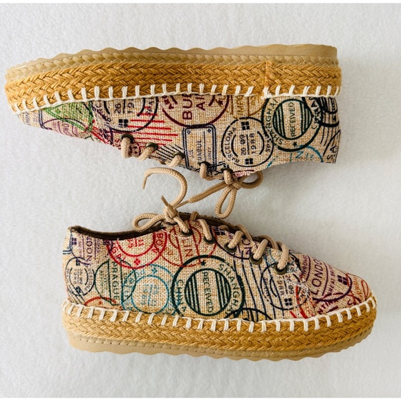 Riviera Corazon Lace Up  Platform Passport Stamp Pattern Espadrille, NWOT - Picture 2 of 8